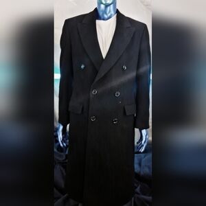 Vintage Wool Cashmere Overcoat Men's 45” Black Double Breasted Made In England